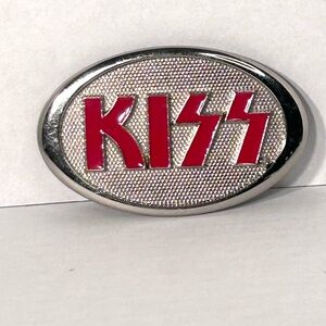 KISS Rock Band Logo Belt Buckle  Oval Silver & Red Enamel Pre-owned Collectible